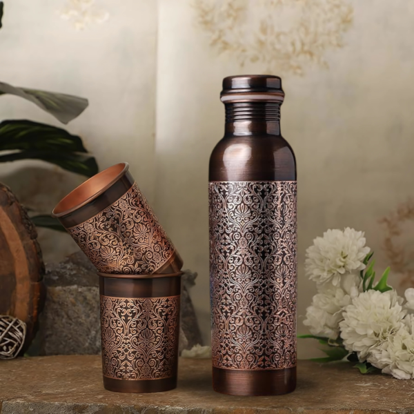 Antique Engraved Copper Bottle With 2 Copper Glass Set - Image 3