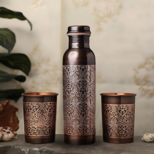 Antique Engraved Copper Bottle With 2 Copper Glass Set