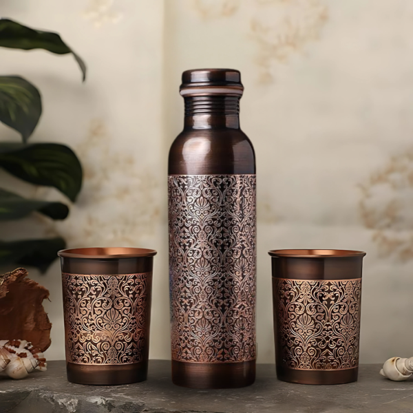 Antique Engraved Copper Bottle With 2 Copper Glass Set