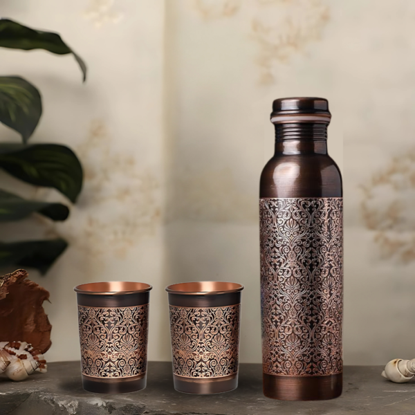 Antique Engraved Copper Bottle With 2 Copper Glass Set - Image 2