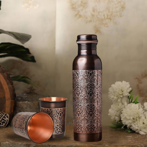 Antique Engraved Copper Bottle With 2 Copper Glass Set - Image 4