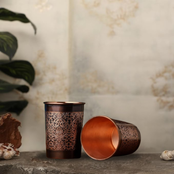 Antique Engraved Copper Bottle With 2 Copper Glass Set - Image 5