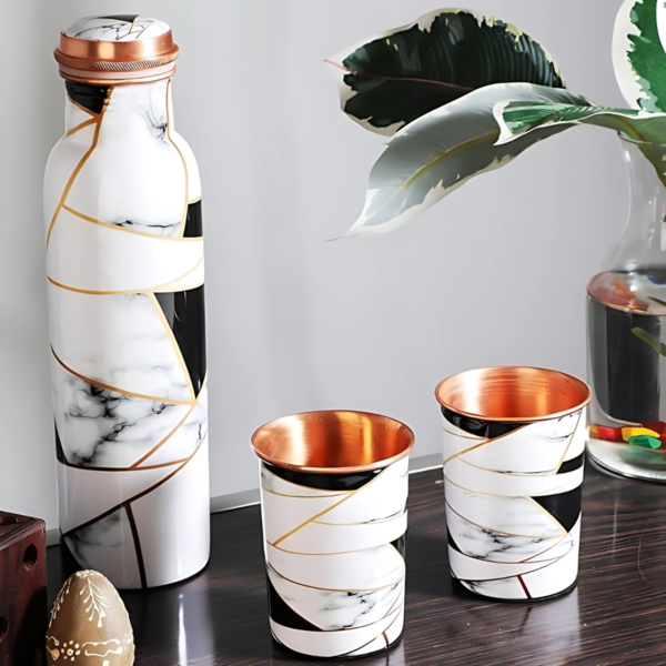 White Gold Marble Print Copper Bottle With 2 Copper Glass Set - Image 2