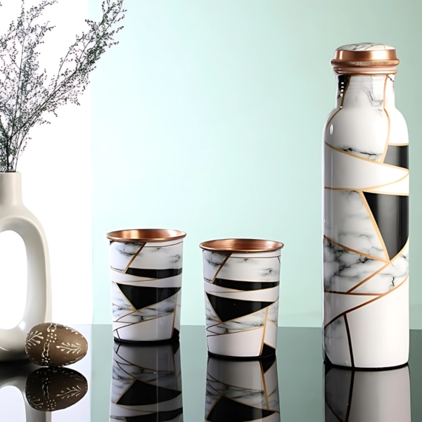 White Gold Marble Print Copper Bottle With 2 Copper Glass Set