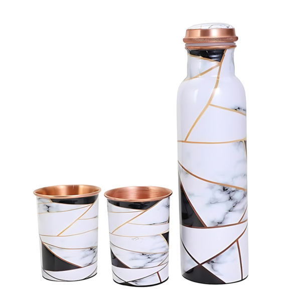 White Gold Marble Print Copper Bottle With 2 Copper Glass Set - Image 3