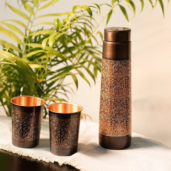 Antique Etching Copper Bottle With 2 Copper Glass Set