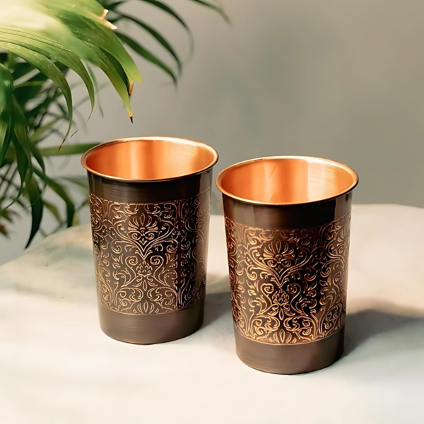 Antique Etching Copper Bottle With 2 Copper Glass Set - Image 5